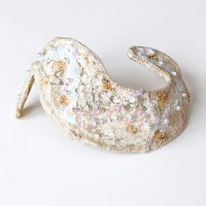 Vintage Embellished Wedding Bridal Headpiece Lace Pearl Sequin in Ivory & White